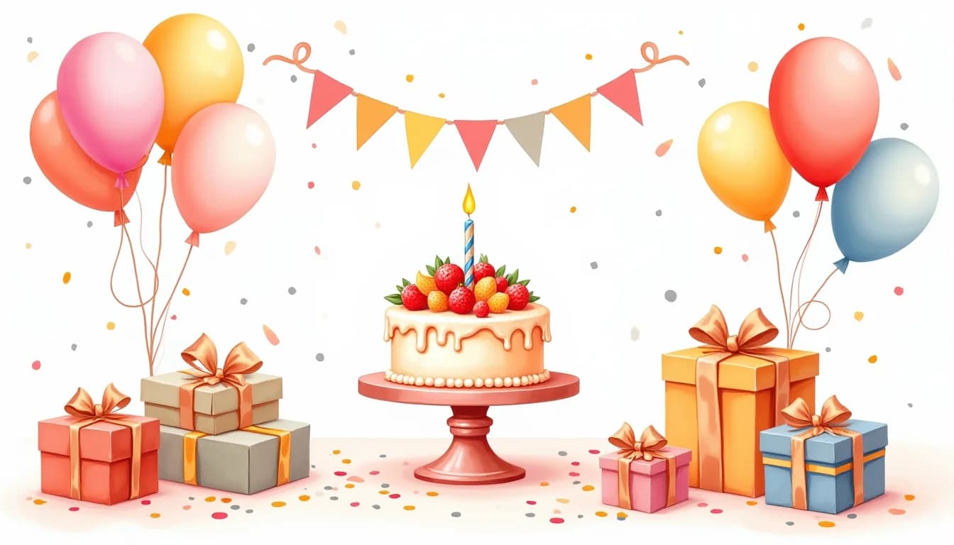 Barnkalas med tårta, ballonger och presenter